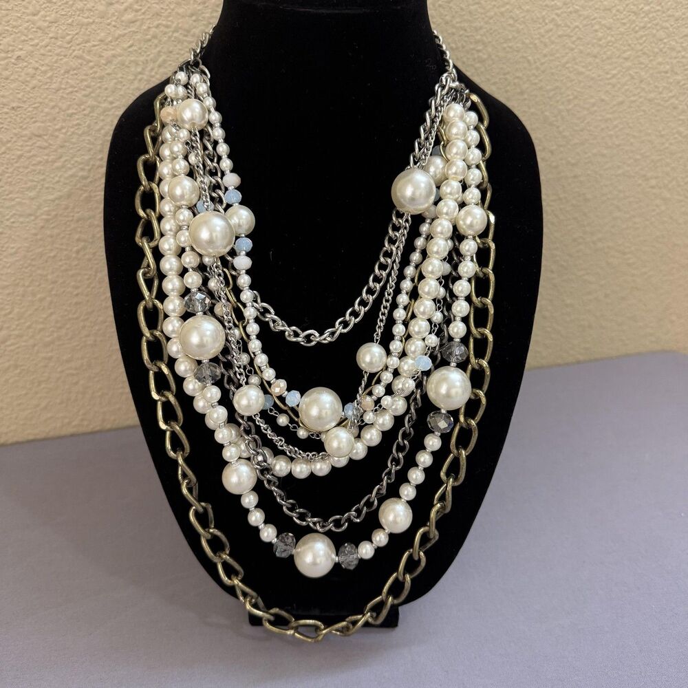 Faux Pearl Beaded Layered Chain Bib Necklace 24 In Womens Statement Jewelry